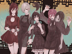  5girls absurdres alternate_costume architecture asymmetrical_hair bad_id bad_pixiv_id bat_(animal) black_dress black_eyes black_hair black_sclera blush braid breasts bulging_eyes center_opening chainsaw_man chinese_clothes claw_pose colored_sclera commentary cosmo_(chainsaw_man) dangling_eye demon_horns dress east_asian_architecture exposed_brain expressionless eye_pop eyelashes eyepatch finger_to_mouth futakuchi-onna halloween head_tilt heart heart-shaped_pupils highres horns lace_trim lattice lips locked_arms long_(chainsaw_man) long_hair long_sleeves looking_at_another looking_at_viewer looking_to_the_side medium_breasts medium_hair multiple_girls open_mouth pale_skin parted_bangs pingtsi_(chainsaw_man) ponytail prehensile_hair quanxi_(chainsaw_man) red_dress red_eyes see-through short_hair side_slit small_breasts smile standing stitched_face stitches symbol-shaped_pupils tangzhuang thigh_strap toukaairab tsugihagi_(chainsaw_man) white_hair 