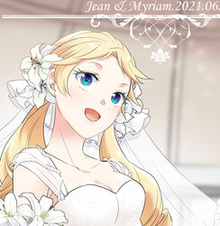  blonde_hair blue_eyes breasts chimaki_(impressiveanarchy) collarbone dated dress female flower hair_flower hair_ornament highres jewelry long_hair myriam_(saga) open_mouth romancing_saga_minstrel_song saga smile solo twintails wedding_dress white_dress 