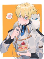  1boy absurdres animal animal_on_shoulder black_shirt blonde_hair blue_eyes blue_necktie blush border cake eating ferret food gold_trim heart highres hiyamaru holding holding_plate holostars jacket kishido_temma kishido_temma_(1st_costume) lazy_fish looking_down male_focus necktie plate shirt short_hair simple_background spoken_heart spoon strawberry_shortcake tie_clip upper_body utensil_in_mouth virtual_youtuber white_border white_jacket 