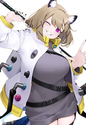  animal_ear_fluff animal_ears arknights black_nails breasts coat commentary cowboy_shot e_draw_paint eyes_visible_through_hair female grey_sweater grin hair_intakes hair_ornament hairclip highres holding holding_sword holding_weapon katana large_breasts light_brown_hair looking_at_viewer nail_polish open_clothes open_coat open_hand over_shoulder purple_eyes scabbard sheath short_hair simple_background smile solo standing strap sweater sword tail unsheathed utage_(arknights) waving weapon weapon_over_shoulder white_background white_coat x_hair_ornament 