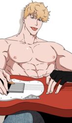  1boy :p abs bad_id balnom bara blonde_hair denim ear_piercing electric_guitar fingerless_gloves gloves green_eyes guitar highres holding holding_instrument instrument jeans light_blush male_focus mole mole_under_eye muscular muscular_male nipples original pants pectorals piercing short_hair solo tongue tongue_out topless_male upper_body white_background 