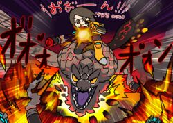  arm_cannon bazelgeuse bodysuit bodysuit_under_clothes boots brown_eyes brown_hair colored_tongue commentary_request cropped_jacket dragon emphasis_lines explosion female fire firing furrowed_brow gloves glowing honyamo incoming_attack jacket knee_boots looking_at_viewer mii_(nintendo) mii_gunner mii_gunner_(smash_ultimate) monster_hunter:_world monster_hunter_(series) on_one_knee open_mouth purple_tongue sharp_teeth short_sleeves smoke super_smash_bros. swept_bangs teeth translation_request v-shaped_eyebrows weapon yellow_eyes yellow_footwear yellow_gloves yellow_jacket 