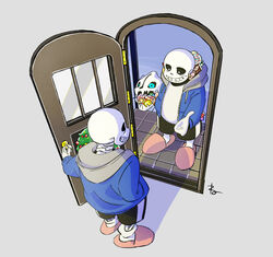  1boy 1other bad_id bad_pixiv_id black_shorts blue_hoodie candy commentary_request cosplay doorway food gloves grin halloween hand_in_pocket highres hood hood_basket hood_down hoodie lollipop long_sleeves looking_at_another male_focus mii_(nintendo) neruco opening_door pink_footwear sans_(undertale) sans_(undertale)_(cosplay) shadow shorts signature skeleton slippers smile standing super_smash_bros. swirl_lollipop tile_floor tiles undertale white_gloves window wreath 