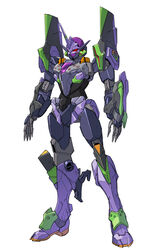  absurdres alus_core_gundam crossover eva_01 fusion gundam gundam_build_divers gundam_build_divers_re:rise highres joints mecha neon_genesis_evangelion no_humans open_hands red_eyes robot robot_joints solo standing sukekiyo56 white_background 