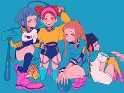  4girls absurdres ball baseball_bat basketball basketball_(object) black_hair blue_background blue_buruma blue_eyes blue_hair blue_jacket blue_socks blue_sweater blue_thighhighs blunt_bangs buruma hand_on_own_hip headband highres hood hood_down jacket kneehighs leaning_on_person long_hair looking_at_viewer matumot midriff_peek multiple_girls off_shoulder orange_hair orange_sweater original pink_footwear pink_headband ponytail racket red_eyes red_hair short_hair sidelocks simple_background sitting socks strap striped_clothes striped_thighhighs sweater tennis_racket thigh_strap thighhighs twintails underwear white_sweater yellow_legwear 