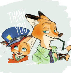  anthro canid canine clothed clothing container cup dipstick_ears disney drinking ear_markings english_text feet fox fur gidora_(artist) grey_background hat headgear headwear holding_container holding_cup holding_object inner_ear_fluff looking_at_viewer mammal multicolored_ears neck_tuft nick_wilde orange_body orange_fur red_fox shirt simple_background solo straw_(disambiguation) text toes topwear true_fox tuft zootopia 