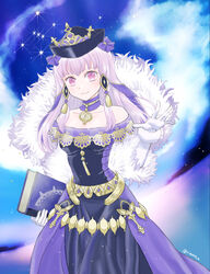  bare_shoulders black_dress black_hat book closed_mouth collar commentary_request dress elbow_gloves female fire_emblem fire_emblem:_three_houses fire_emblem_heroes fur_trim gloves hair_ornament hand_up hat highres holding holding_book long_hair looking_at_viewer lysithea_von_ordelia lysithea_von_ordelia_(a_new_future) official_alternate_costume pink_eyes purple_collar rimooo_n smile solo twitter_username white_gloves white_hair 