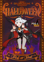  asymmetrical_bangs bat_hair_ornament black_footwear black_nails black_pantyhose breasts cancer_(zjcconan) cape character_name detached_sleeves fangs female full_body girls&#039;_frontline gun h&amp;k_psg1 hair_ornament halloween halloween_costume highres jack-o&#039;-lantern long_hair looking_at_viewer medium_breasts official_alternate_costume official_art open_mouth pantyhose ponytail pouch promotional_art psg-1_(girls&#039;_frontline) psg-1_(phantom_assault)_(girls&#039;_frontline) rifle scope sidelocks sniper_rifle solo strap vampire vampire_costume weapon 