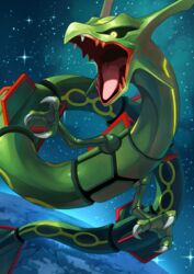  black_sclera claws colored_sclera colored_skin dragon earth_(planet) eastern_dragon fangs floating full_body green_skin highres horns no_humans open_mouth planet pokemon pokemon_(creature) rayquaza space star_(sky) tesshii_(riza4828) tongue yellow_eyes 