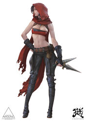  black_hair breasts bursting_breasts crazyred dagger dungeons_&amp;_dragons dungeons_&amp;_dragons:_shadow_over_mystara english_commentary female hand_on_own_hip highres holding holding_weapon knife korean_commentary looking_away looking_to_the_side making-of_available medium_breasts midriff mixed-language_commentary moriah navel simple_background solo thief watermark weapon white_background 