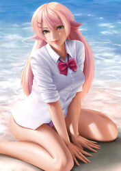  bare_legs beach blonde_hair female hair_ornament hairclip highres kujou_shion light_smile lips long_hair looking_at_viewer md5_mismatch no_pants outdoors panties purple_eyes purple_panties school_uniform shirt sitting sleeves_rolled_up smile solo sounan_desuka? spj underwear wariza white_shirt 