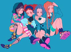  4girls absurdres black_hair blouse blue_background blue_eyes blue_footwear blue_hair blue_headband blue_jacket blue_neckwear blue_shirt blue_sky blunt_bangs blush_stickers bob_cut bow bowtie collared_shirt double_bun dress_shirt fishnet_socks fishnets frown full_body hair_bun hand_on_another&#039;s_knee hand_on_another&#039;s_shoulder headband highres hood hood_up jacket jacket_on_shoulders kneehighs long_hair looking_at_viewer matumot miniskirt multicolored_clothes multiple_girls off_shoulder orange_bow orange_eyes orange_hair original pink_footwear pink_legwear red_bow red_bowtie red_eyes red_hair safety_pin shirt simple_background sitting skirt sky socks striped_clothes striped_jacket striped_thighhighs thigh_strap thighhighs thighs white_legwear white_shirt 