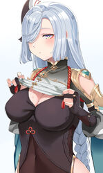  black_gloves blue_eyes blush bodystocking braid breast_curtain breast_curtain_lift breasts cleavage clothes_lift clothing_cutout covered_navel elbow_gloves female genshin_impact gloves grey_hair hair_ornament hair_over_one_eye highres hip_vent large_breasts long_hair long_sleeves looking_at_viewer low-braided_long_hair low-tied_long_hair nuko_(mikupantu) partially_fingerless_gloves puffy_long_sleeves puffy_sleeves shenhe_(genshin_impact) shoulder_cutout solo tabard tassel very_long_hair 