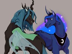  4:3 alicorn arthropod black_body blue_body blue_hair caninecrypt changeling crown duo ear_tuft equid equine female feral folded_wings friendship_is_magic green_eyes grey_background hair hasbro headgear horn inner_ear_fluff insect_wings mammal my_little_pony mythological_creature mythological_equine mythology princess_luna_(mlp) queen_chrysalis_(mlp) simple_background smile tuft unicorn_horn wings 