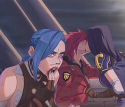  3girls arcane:_league_of_legends arcane_caitlyn arcane_jinx arcane_vi arm_tattoo bare_shoulders blue_hair breasts caitlyn_(league_of_legends) cloud_tattoo gagging highres jinx_(league_of_legends) kissing league_of_legends meme multiple_girls nabby_(le_akissha) photo-referenced pink_eyes pink_hair short_hair siblings sideboob sisters small_breasts tattoo teeth upper_teeth_only vi_(league_of_legends) yuri 