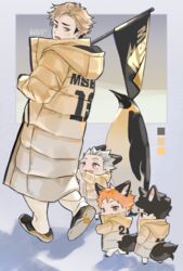  4boys :d animal animal_ears bad_id bad_pixiv_id bird black_hair blonde_hair bokuto_koutarou chibi fox_boy fox_ears fox_tail full_body green_hair haikyuu!! highres hinata_shouyou hood hoodie jacket keki_chogyegi looking_at_viewer looking_back looking_down looking_up male_focus miya_atsumu multiple_boys open_mouth orange_hair penguin sakusa_kiyoomi shadow short_hair smile tail twitter_username walking 