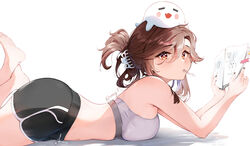  absurdres alternate_breast_size artist_name ass bare_shoulders barefoot black_nails black_shorts blush boo_tao_(genshin_impact) breasts brown_hair claw_hair_clip dolphin_shorts feet feet_up female from_side genshin_impact ghost grey_sports_bra hair_between_eyes highres holding holding_notebook hu_tao_(genshin_impact) large_breasts looking_at_viewer lying medium_hair mouth_hold navel notebook on_stomach paid_reward_available pencil red_eyes shorts soles solo sports_bra symbol-shaped_pupils toes vincent_leo white_background 