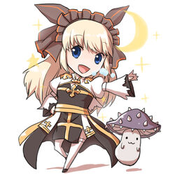  :3 :d arch_bishop_(ragnarok_online) black_footwear blonde_hair blue_eyes breath brown_hairband cleavage_cutout clothing_cutout commentary_request crescent cross dress female frilled_hairband frills full_body hairband juliet_sleeves long_hair long_sleeves looking_at_viewer mushroom natsuya_(kuttuki) open_mouth poison_spore puffy_sleeves ragnarok_online sash shoes simple_background smile sparkle thighhighs two-tone_dress white_background white_dress white_thighhighs yellow_sash 