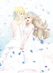  2girls :d ado002 atra_mixta blonde_hair collarbone dress floating_hair gundam gundam_tekketsu_no_orphans hair_between_eyes holding_hands interlocked_fingers kudelia_aina_bernstein layered_dress light_brown_hair long_hair multiple_girls petals purple_eyes red_eyes shoulder_blades sleeveless sleeveless_dress smile standing very_long_hair white_dress wife_and_wife yuri 