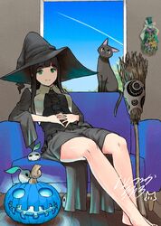  absurdres bare_legs barefoot black_cat black_hair black_skirt blunt_bangs breasts broom chito_(flying_witch) closed_mouth commentary_request couch cross-laced_clothes feet_out_of_frame feline female flying_witch green_eyes halloween hands_on_own_stomach hat highres interlocked_fingers ishizuka_chihiro jack-o&#039;-lantern kowata_makoto large_breasts leaning_back legs long_hair long_skirt long_sleeves looking_at_viewer mandrake official_art on_couch pumpkin side_slit sidelocks signature sitting skirt smile solo straight_hair wide_sleeves window witch witch_hat 