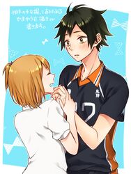  1boy black_hair blonde_hair blush commentary female freckles grin haikyuu!! hair_ornament happy height_difference holding_hands karasuno_volleyball_uniform looking_at_another rio_(rio_01) shirt short_hair short_sleeves smile sportswear standing straight text_focus volleyball_uniform white_shirt yachi_hitoka yamaguchi_tadashi 