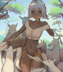  :o absurdres assisted_exposure basket blue_sky branch breasts choker clothes_pull collarbone crop_top dappled_sunlight dark-skinned_female dark_skin day dumi_(liangzi_tai_hongcha) female flipped_hair flying_sweatdrops frilled_shirt frills green_eyes hay highres holding holding_basket liangzi_tai_hongcha lips llama looking_at_animal medium_breasts narrow_waist navel_piercing off-shoulder_shirt off_shoulder open_mouth original outdoors panties piercing shade shirt short_hair skirt skirt_pull sky solo sunlight thigh_gap thighs tree underwear white_choker white_hair white_panties wicker_basket 