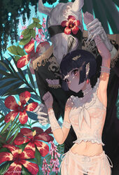  1other arm_up armpits artist_name bad_id bad_pixiv_id bandaged_arm bandages black_hair black_jacket blunt_bangs blush breasts camellia clothing_request commentary cowboy_shot detached_sleeves dopoing dress ear_piercing earrings elf female flower forest gloves hair_ornament hairclip hand_up heart heart_hair_ornament hibiscus highres holding_another&#039;s_wrist jacket jewelry jungle lace lingerie medium_breasts monster nature navel negligee original outdoors panties piercing pink_flower plant pointy_ears red_eyes red_flower ribbon see-through see-through_shorts see-through_sleeves sharp_teeth short_hair shorts side-tie_panties signature skull stomach summer teeth tree underwear white_dress white_gloves white_panties white_ribbon 