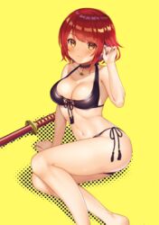  arm_support ass bare_arms bare_legs bare_shoulders barefoot bikini black_bikini black_choker black_ribbon blush bob_cut breasts brown_eyes choker cleavage closed_mouth collarbone commentary_request feet_out_of_frame female flower_knight_girl front-tie_bikini_top front-tie_top hand_in_own_hair katana lace lace_choker looking_at_viewer medium_breasts navel pico_(p_i_c_o) reclining red_hair ribbon short_hair side-tie_bikini_bottom sidelocks simple_background smile solo swimsuit sword tsubaki_(flower_knight_girl) weapon yellow_background 