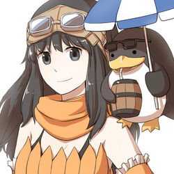  alternate_color barrel bird black_eyes black_hair bra_strap breasts cleavage closed_mouth commentary_request drinking_straw elbow_gloves female frilled_gloves frills galapago_(ragnarok_online) galapagos_penguin gloves goggles goggles_on_head long_hair looking_at_viewer medium_breasts natsuya_(kuttuki) orange_gloves orange_scarf orange_tube_top ragnarok_online ranger_(ragnarok_online) scarf simple_background smile strapless sunglasses tube_top umbrella upper_body white_background 