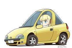  absurdres blonde_hair blue_eyes blunt_bangs car commentary_request female hair_ornament highres kantai_collection long_hair motor_vehicle one-hour_drawing_challenge opel_(company) opel_tigra sakusan_(ss-awesome) shin&#039;you_(kancolle) simple_background solo twitter_username vehicle_focus white_background 