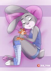  anthro bird&#039;s-eye_view closed_eyes clothed clothing disney female fur grey_body grey_fur hi_res high-angle_view holding_object judy_hopps lagomorph leporid mammal pawpads pillow pink_nose plushie rabbit rin_tyan scut_tail shirt short_tail sleeping solo tail tank_top toeless_legwear topwear zootopia 