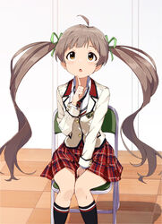  :o ahoge between_legs black_socks blush brown_eyes brown_hair buttons chair collared_shirt commentary emblem feet_out_of_frame female finger_to_own_chin folding_chair green_ribbons hair_ribbon hakozaki_serika hand_between_legs hand_up high_schoolmate_(idolmaster) highres idolmaster idolmaster_million_live! idolmaster_million_live!_theater_days index_finger_raised indoors jacket kneehighs long_hair long_sleeves looking_away looking_up miniskirt necktie on_chair open_mouth plaid plaid_skirt pleated_skirt rauto red_skirt ribbon school_uniform shirt sitting skirt socks solo twintails uniform uniform_series_(idolmaster) very_long_hair white_jacket white_shirt 