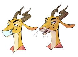  2019 ambiguous_gender antelope anthro beastars bovid bust_portrait disney felid fur gazelle hi_res horn hybrid impendingsenseofdoom leopard male mammal mask melon_(beastars) pantherine portrait pupils sharp_teeth simple_background slit_pupils solo spots teeth white_background white_body white_fur yellow_body yellow_fur zootopia 