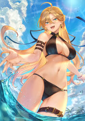  :d ahoge arm_strap bare_shoulders beach bikini black_bikini blonde_hair bracelet breasts day earrings female green_eyes groin hair_between_eyes halterneck highres jewelry kamina_kohane large_breasts long_hair looking_at_viewer mashuu_(neko_no_oyashiro) navel open_mouth outdoors palette_project sidelocks smile solo splashing stomach swept_bangs swimsuit thigh_strap thighs very_long_hair virtual_youtuber wading wet 