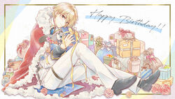  1boy black_footwear blonde_hair blue_eyes box cape closed_mouth ferret full_body gift gift_box happy_birthday highres hiyamaru holostars jacket kishido_temma light_smile long_sleeves looking_at_viewer male_focus minakami_hiro necktie pants pet red_cape sitting virtual_youtuber white_jacket white_pants wing_collar 