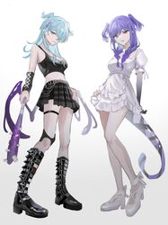  2girls absurdres ankle_boots black_footwear black_skirt black_tank_top blue_hair boots braid club_(weapon) dragon_girl dragon_tail dress elira_pendora full_body guriddopitto hair_ornament hair_over_one_eye head_wings heterochromia highres holding holding_club holding_weapon long_hair looking_at_viewer low_wings midriff multiple_girls navel nijisanji nijisanji_en one_eye_covered purple_eyes purple_hair selen_tatsuki siblings simple_background sisters skirt tail tank_top thigh_strap twin_braids virtual_youtuber weapon white_background white_dress white_footwear wings 