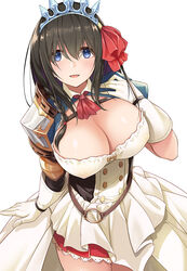  black_hair blue_eyes blue_sleeves blush braid breasts cleavage cosplay female hair_ribbon highres ichimichi_mao idolmaster idolmaster_cinderella_girls large_breasts long_hair looking_at_viewer mk_(mod0) open_mouth pecorine_(princess_connect!) pecorine_(princess_connect!)_(cosplay) princess_connect! puffy_short_sleeves puffy_sleeves red_ribbon ribbon sagisawa_fumika short_sleeves shrug_(clothing) side_braid simple_background smile solo tiara voice_actor_connection white_background 