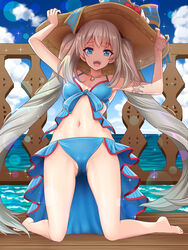  :d armlet bare_shoulders bikini blue_bikini blue_eyes bow breasts commentary_request day fate/grand_order fate_(series) female frilled_bikini frills full_body grey_hair hat hat_bow jewelry kneeling long_hair looking_at_viewer marie_antoinette_(fate) marie_antoinette_(swimsuit_caster)_(fate) marie_antoinette_(swimsuit_caster)_(third_ascension)_(fate) medium_breasts necklace ocean open_mouth outdoors smile solo sun_hat swimsuit twintails very_long_hair youshuu 