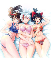  3girls blue_eyes blue_nails bra breasts ge_xi girl_sandwich han&#039;you_no_yashahime highres higurashi_towa inuyasha lingerie looking_at_viewer moroha multicolored_hair multiple_girls navel orange_eyes panties ponytail red_eyes sandwiched setsuna_(inuyasha) underwear underwear_only 