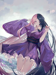  absurdres arms_behind_head black_hair breasts chinese_commentary closed_mouth cowboy_shot curled_fingers dress female forever_7th_capital frilled_dress frills hand_up highres japanese_clothes kimono long_hair looking_at_viewer multicolored_hair nayuko_(wuyou_nayuko) parted_bangs pink_eyes pink_hair purple_dress purple_kimono scenery short_kimono simple_background smile thighs two-tone_hair very_long_hair water wide_sleeves yukata yuri_(forever_7th_capital) 