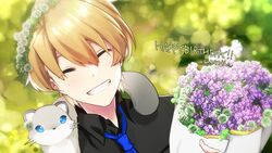  1boy ^_^ black_shirt blonde_hair blue_necktie bouquet closed_eyes dutch_angle facing_viewer ferret flower grin happy_birthday highres hiyamaru holostars kishido_temma male_focus mudo_(saji) necktie shirt smile twitter_username virtual_youtuber 