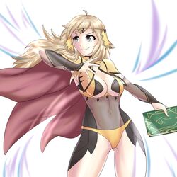  absurdres ahoge ass_visible_through_thighs blonde_hair bodystocking book breasts cape circlet cleavage closed_mouth covered_navel female fire_emblem fire_emblem_fates grey_eyes hair_flowing_over hayato_stuff highres holding holding_book holding_weapon long_hair looking_to_the_side magic medium_breasts ophelia_(fire_emblem) panties underwear upper_body weapon yellow_panties 