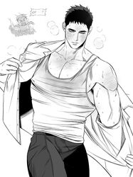  2boys bara beware_the_ides_of_march blush chlthd_990 closed_eyes closed_mouth greyscale highres jacket kim_nak-won large_pectorals looking_at_another male_focus monochrome multiple_boys muscular muscular_male open_clothes open_jacket pants park_mok-hwa pectorals short_hair sweat tank_top yaoi 