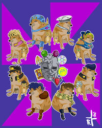  absurdres arrow_(jojo) arrow_(projectile) bandana battle_tendency belt birthmark black_gloves black_hair blonde_hair blue_eyes blue_hair braid brown_gloves brown_hair canine card chains cheemsburger_(doge) commentary corajjex crazy_diamond diamond_wa_kudakenai doge double_bun english_commentary feline giorno_giovanna gloves gold_experience green_eyes green_scarf hair_bun hat heart higashikata_josuke higashikata_josuke_(jojolion) highres horseshoe joestar_birthmark johnny_joestar jojo_no_kimyou_na_bouken jojolion jonathan_joestar joseph_joestar joseph_joestar_(young) kujo_jolyne kujo_jotaro looking_at_viewer multicolored_eyes multiple_belts no_humans peaked_cap phantom_blood pompadour red_stone_of_aja sailor_collar scarf signature soft_&amp;_wet star_platinum stardust_crusaders steel_ball_run stone_free stone_mask_(jojo) stone_ocean tarot tarot_(card) tusk_(stand) two-tone_background vento_aureo 