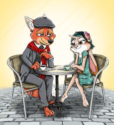  3_toes 4_fingers bad_guy_cafe beret beverage bibi_hat blue_eyes brown_eyes canid canine chair clothing coffee disney dress duo feet fingers fox france fur furniture green_clothing green_dress grey_clothing grey_suit hat headgear headwear hi_res lagomorph leporid mammal ocerydia_zoona paris rabbit red_body red_fox red_fur red_scarf scarf suit table tan_body tan_fur tea toes true_fox ziegelzeig ziegelzeig_zoona zootopia 