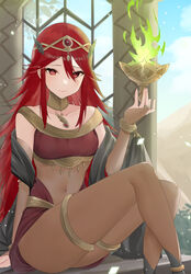  alternate_costume arabian_clothes blue_sky bodystocking bridal_gauntlets closed_mouth cloud collarbone commentary_request cordelia_(fire_emblem) cosplay day female fire fire_emblem fire_emblem_awakening fire_emblem_heroes floating floating_object green_fire hair_between_eyes hair_ornament haru_(nakajou-28) highres long_hair looking_at_viewer navel red_eyes red_hair sitting skin_tight sky solo tharja_(fire_emblem) tharja_(fire_emblem)_(cosplay) tharja_(plegian)_(fire_emblem) thighs tiara very_long_hair 