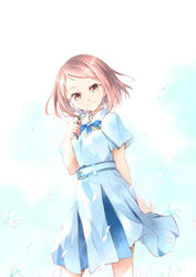  22/7 amazarash1 arm_at_side blue_bow blue_skirt bow brown_eyes brown_hair day female flower hiiragi_tsubomi outdoors short_hair short_sleeves simple_background skirt solo summer_uniform 