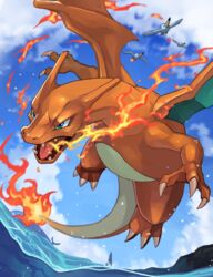  bird blue_eyes blue_sky charizard claws cloud commentary_request fangs fire flying full_body highres horns ocean open_mouth pokemon pokemon_(creature) seagull sharp_teeth sharpedo sky teeth tesshii_(riza4828) tongue wailord wings 