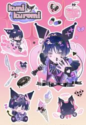  1boy \||/ black_bow black_nails blue_hair bow brown_eyes character_name chibi cosplay demon_tail genshin_impact hair_ornament hairbow heart highres jewelry kuromi kuromi_(cosplay) long_sleeves male_focus onegai_my_melody pill pink_background purple_bow purple_shirt ring sanrio scaramouche_(cat)_(genshin_impact) scaramouche_(genshin_impact) shirt skull skull_hair_ornament smile solo tail teeth xiannu168 