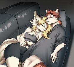  anthro ass bathrobe black_nose blake_(saltedcaramelfox) blanche bottomwear breasts canid canine canis clothed clothing cuddling domestic_dog duo female fox furniture hair hug husky kittellox_(artist) male male/female mammal nordic_sled_dog robe shirt shorts sleeping sofa spitz tank_top teeth topwear 